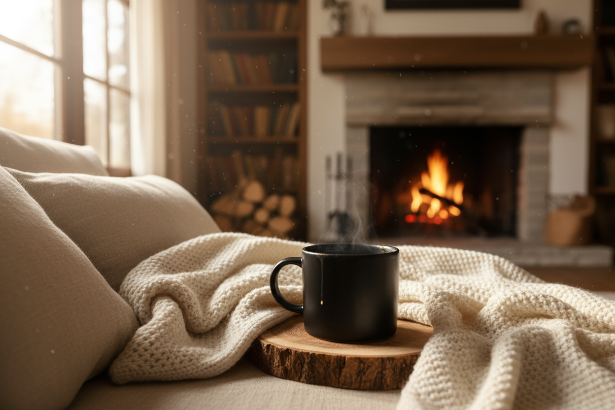 a black mug cup in a cozy place